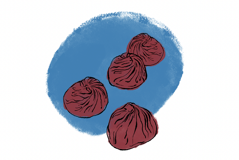 A line drawing of a 4 xiao long bao highlighted in burgundy with a blue background.