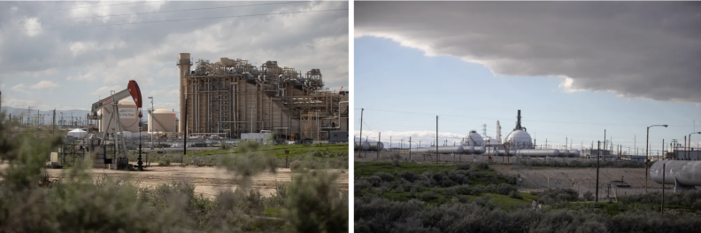 Two images side-by-side of power station sites during the daytime.