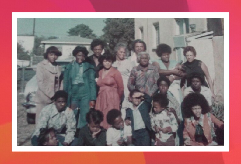 A family group photo from the late 1970s. The author can be seen leaning her head on her hand at the bottom of the image.