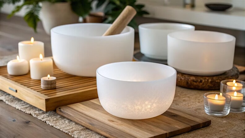 A serene arrangement of white frosted glass bowls, some with lit candles, alongside small votive and pillar candles on wooden trays. Green plants and a softly blurred interior setting appear in the background.