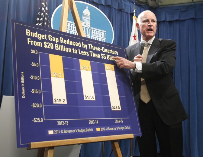 Gov. Jerry Brown discusses the cuts he has already made to help reduce the state's budget deficit from nearly $20 billion last year to a gap of about $9.2 billion as he unveiled his proposed $92.5 billion  2012-13 state budget at a Capitol news conference in Sacramento, Calif., Thursday, Jan. 5, 2012.  California faces a smaller budget deficit in the coming fiscal year but will require nearly $5 billion in cuts to public education if voters reject Brown's plan to raise taxes in the fall.