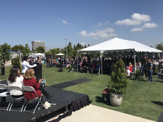 Costa Mesa officials inaugurate a new library in Lions Park on May 24, 2019. Dozens of homeless people slept in the park prior to the opening of a bridge shelter nearby.  