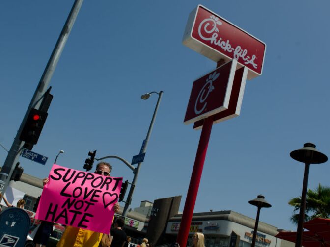 Brian McIlroy protests Chick-fil-a's anti gay-marriage stance outside the Hollywood Chick-fil-a location.