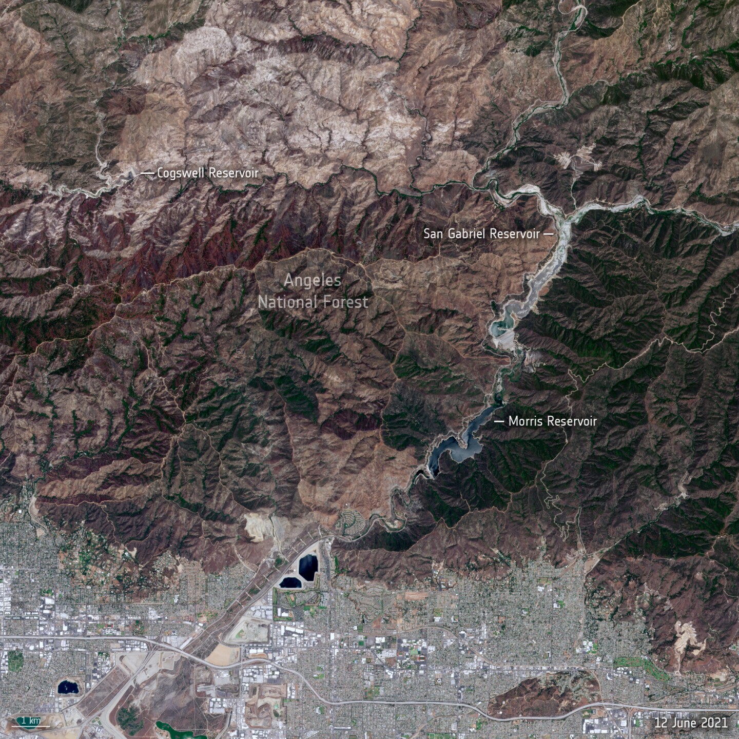 An over head shot of land, both residential areas and undeveloped mountain areas, turns from green to brown.