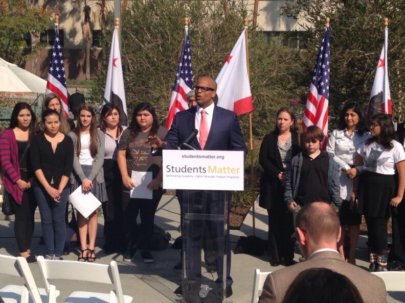 Lawyer Marcellus McRae stands with plaintiffs in the Vergara v. State of California trial. The public school students are trying to scrap teacher protections they say lead to bad teachers in the classroom.