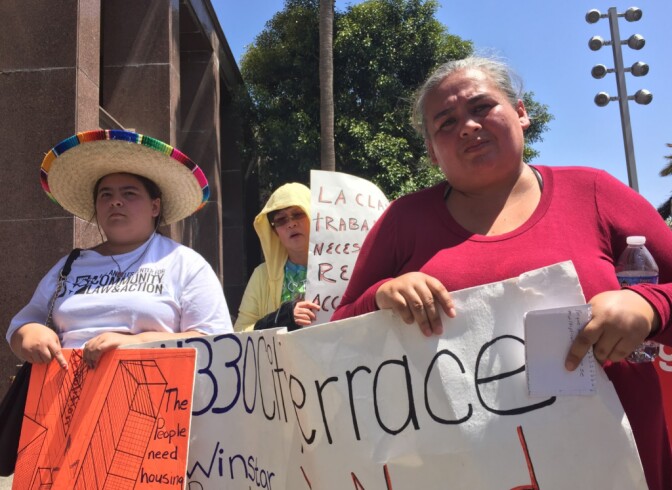 Carolina Rodriguez joined other tenants in calling for more tenant protections in unincorporated areas of LA County like East LA, where she lives.  