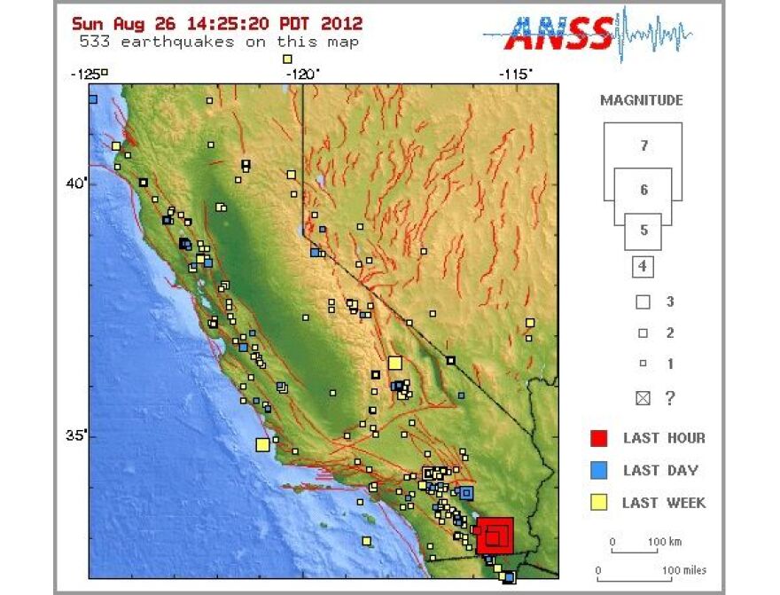 A screenshot of earthquake occurrences in the California Nevada region via the U.S. Geological Survey website. The red boxes indicate quakes that have rattled Brawley Sunday.