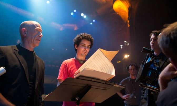 Damien Chazelle, center, on the set of "Whiplash."