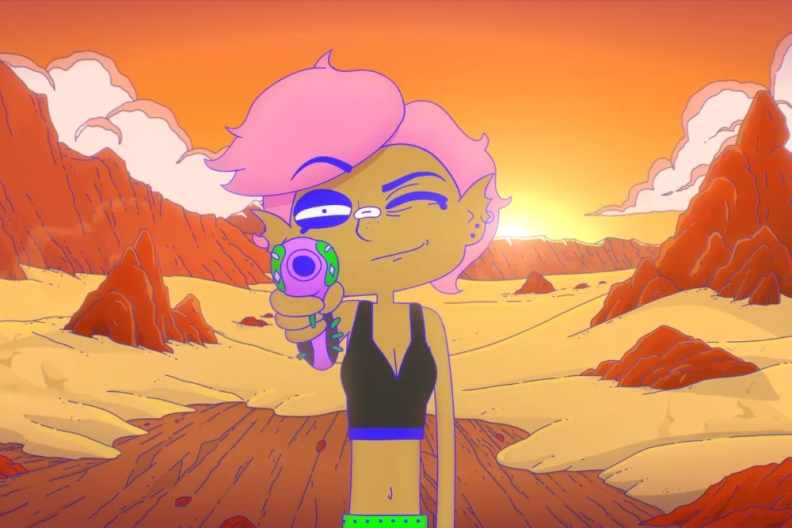 An animated elf time person holds a purple and green gun-looking object straight in front of them, closing one eye and squinting another to aim. Behind them is an orange and brown desert or space scene. They have pink hair, and are wearing a black sports-bra-type top and green bottoms.