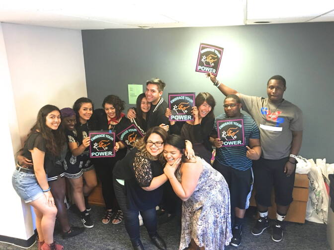 Youth organizers for Kids Over Politics' L.A. chapter gather for a photo to promote the launch of their voter registration drive at Robert F. Kennedy High School. 