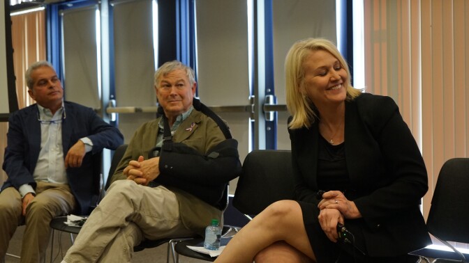 Orange County Congressman Dana Rohrabacher and Lori Ajax, Chief of California's Bureau of Medical Cannabis Regulation, at a panel on medical marijuana sponsored by UC Irvine, May 5, 2017. 