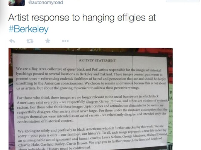 Dr. Pablo Gonzalez, a professor of Chicana and Chicano Studies at UC Berkeley posted this image on his Twitter account. He said the image was passed along to him by a student who saw the artist statement posted on a bulletin board on campus.