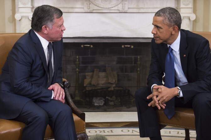 US President Barack Obama meets with King Abdullah II of Jordan in the Oval Office of the White House in Washington, DC, February 3, 2015. The hastily arranged meeting follows the release by the Islamic State of a video showing the apparent burning alive of a Jordanian pilot who had been captured late last year. AFP PHOTO / SAUL LOEB        (Photo credit should read SAUL LOEB/AFP/Getty Images)
