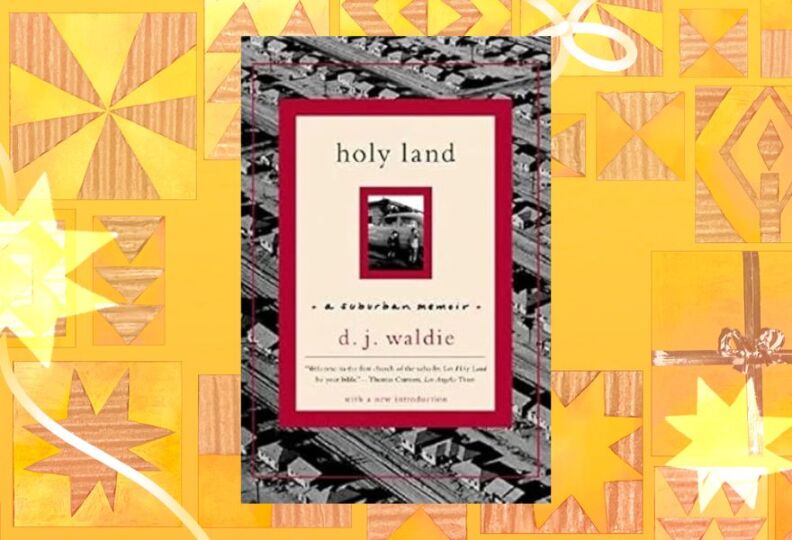 A photograph of a book cover entitled, "holy land." Behind the red-and-tan title and author box, there is a photo of row after row of suburban housing. The book cover is positioned against a festive gold background featuring holiday stars, gift boxes and strands of ribbon.