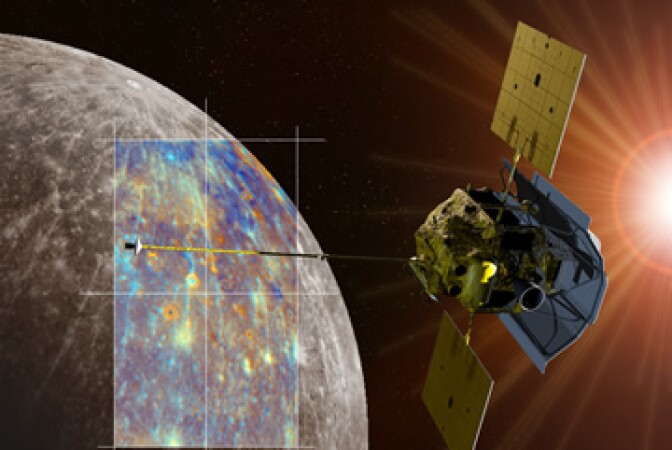 A depiction of the MESSENGER spacecraft is shown passing near the crater Hokusai and its extensive system of rays. Both the monochrome and enhanced color views of Mercury were obtained during MESSENGER's second Mercury flyby.