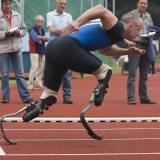 South African athlete Oscar Pistorius runs during a training session on the track of Emmeloord on June 1, 2008. Double amputee Pistorius, who aims to compete against able-bodied athletes at the Beijing Olympics, won a 200m paralympic meeting in the Dutch city of Emmeloord on May 31 using his specially-adapted carbon fibre blades. AFP PHOTO/ANP/GERLINDE SCHRIJVER/Netherlands out - Belgium out (Photo credit should read Gerlinde Schrijver/AFP/Getty Images)