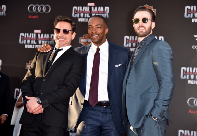 (L-R) Actors Robert Downey Jr., Anthony Mackie and Chris Evans attend the premiere of Marvel's "Captain America: Civil War" at Dolby Theatre on April 12, 2016 in Los Angeles, California.  (Photo by Kevin Winter/Getty Images)