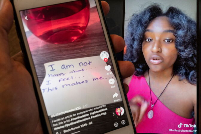 In this photo illustration, a smart phone screen displays a manifestation from the TikToc page of @bailasbohemian222, on May 28, 2021, in Arlington, Virginia - So you want money... love... success? Have you thought about trying to think about it -- really hard -- until your goals materialize? That, at least, is a core principle behind the trend, increasingly popular in pandemic times, of "manifesting," a mix of positive thinking and magical practices. In a video on the TikTok app, 19-year-old Baila Salifou, wearing a headscarf and with a crystal at her neck, explains how viewers can achieve their dearest dreams with the help of two glasses of water, two Post-It notes and a good deal of imagination. The video has been viewed nearly 500,000 times. (Photo by Andrew CABALLERO-REYNOLDS / AFP) (Photo by ANDREW CABALLERO-REYNOLDS/AFP via Getty Images)