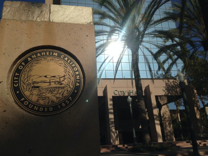 The Anaheim city seal outside City Hall. In November, the city will have single-member district elections for the first time in its nearly 160-year history.
