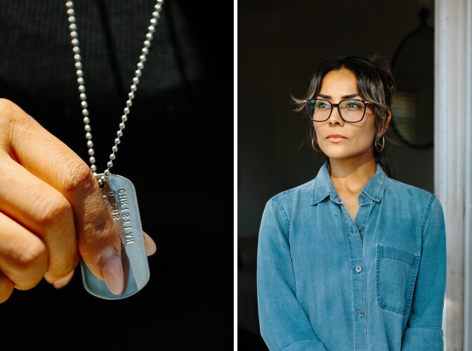 Two photos side by side. Left photo is a closeup of a person holding army name tags. Right photo shows a woman, wearing a long sleeve denim shirt and black eyeglasses.