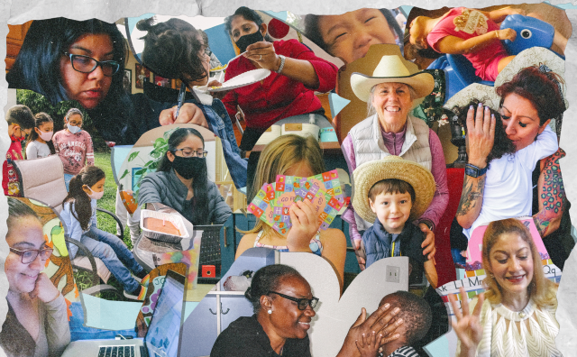 A collection of images of child care providers and teachers in a collage.