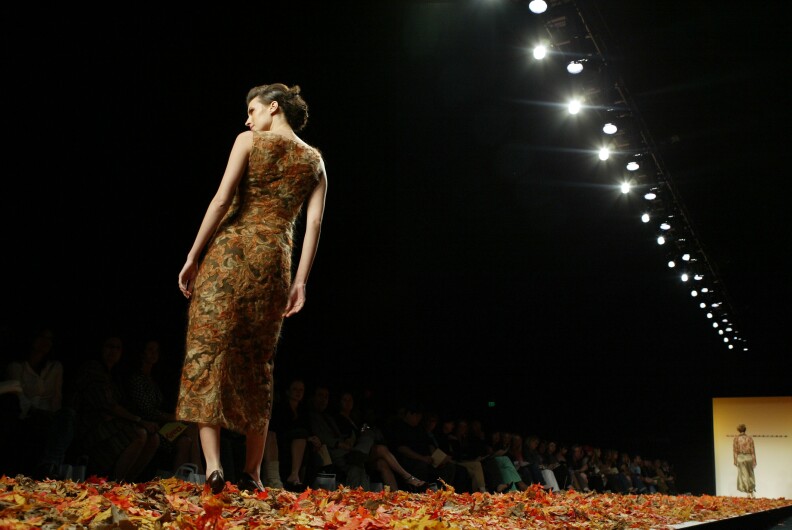 A model walks the runway during the Mercedes Benz Fashion Week in Smashbox Studios in Culver City in April 2004.