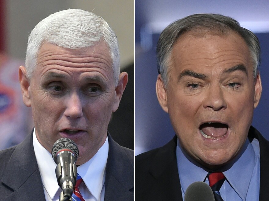 File: This combination of pictures created on Oct. 3, 2016 shows Republican Vice Presidential nominee and running mate Mike Pence(L) speaking during the Midwest Vision and Values Pastors and Leadership Conference at the New Spirit Revival Center in Cleveland Heights, Ohio on Sept. 21, 2016, and Democratic Nominee for Vice President Tim Kaine speaking during the Democratic National Convention at the Wells Fargo Center in Philadelphia, Pennsylvania, July 27, 2016.