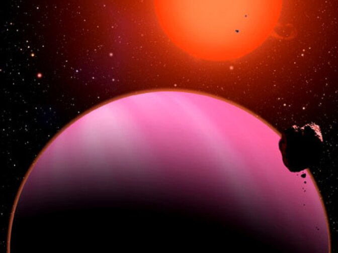 This artist's conception reveals the newly discovered Super-Neptune planet orbiting a star 120 light years away from Earth. Normally blue in color, its red hue is caused by the illumination from the nearby Red Dwarf star.