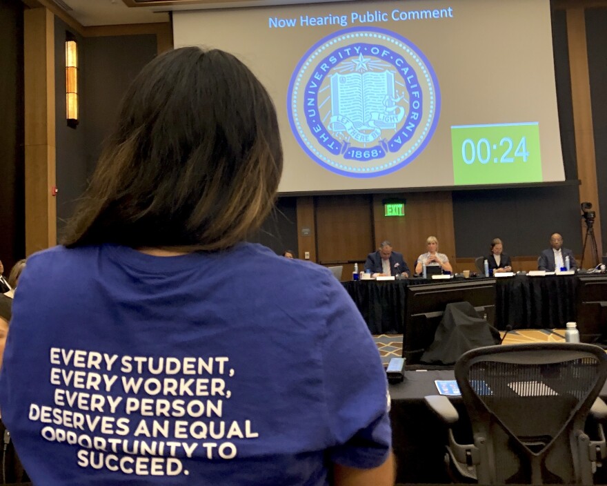 Woman with long, black hair seen from the back, speaks to a group of people at a table