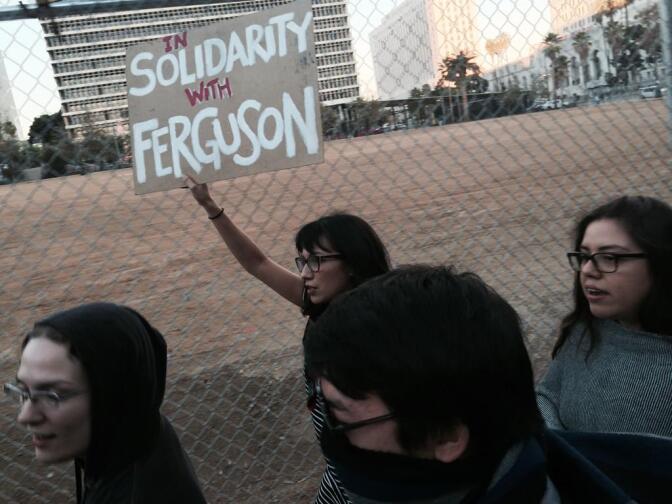 Protestors march in Los Angeles. Today President Obama meets today with civil rights and religious leaders and law enforcement officers about Ferguson.