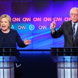 Democratic presidential candidate Senator Bernie Sanders (D-VT) and Democratic presidential candidate Hillary Clinton speak during the CNN Democratic Presidential Primary Debate.