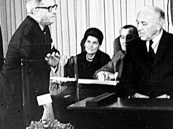 Rep. Alexander Pirnie, R-NY, draws the first capsule in the lottery drawing held on December 1, 1969.  The capsule contained the date, September 14.