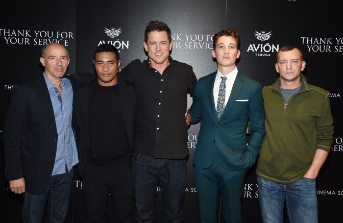 NEW YORK, NY - OCTOBER 25:  (L-R) Jon Kilik, Beulah Koale, Jason Hall, Miles Teller and Adam Schumann attend a screening of DreamWorks and Universal Pictures' "Thank You for Your Service"  hosted by The Cinema Society at The Landmark at 57 West on October 25, 2017 in New York City.  (Photo by Jamie McCarthy/Getty Images)