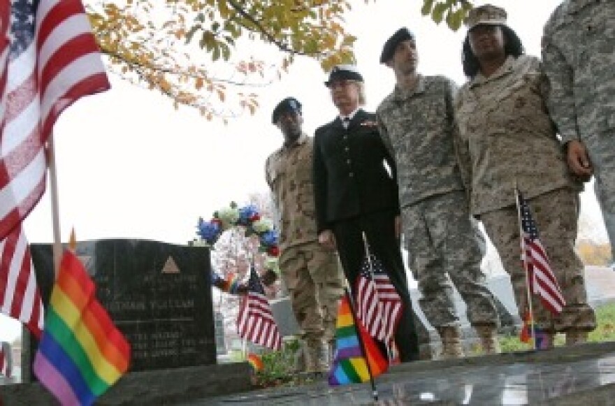 Former gay members of the U.S. Military participate in a vigil at the grave site of Sgt. Leonard Matlovich. Some 'Don't Ask, Don't Tell' repeal advocates consider Sgt. Matlovich's grave site to be a memorial to all gay veterans. 