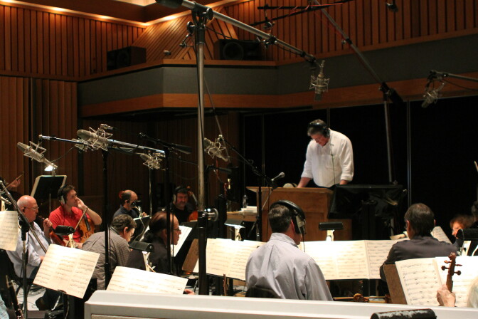 Mark Watters and the Los Angeles Chamber Orchestra prepare for another go at the score for 'Poor Papa.'