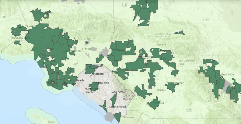 A map of southern California counties with green showing which areas have climate action plans.