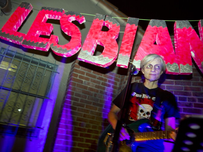 Musician Kathryn Korniloff, former member of lesbian rock band Two Nice Girls, performs at KillJoy’s Kastle: A Lesbian Feminist Haunted House in West Hollywood on Friday night, Oct. 16, 2015. Fifty performers are taking part in the haunted house.