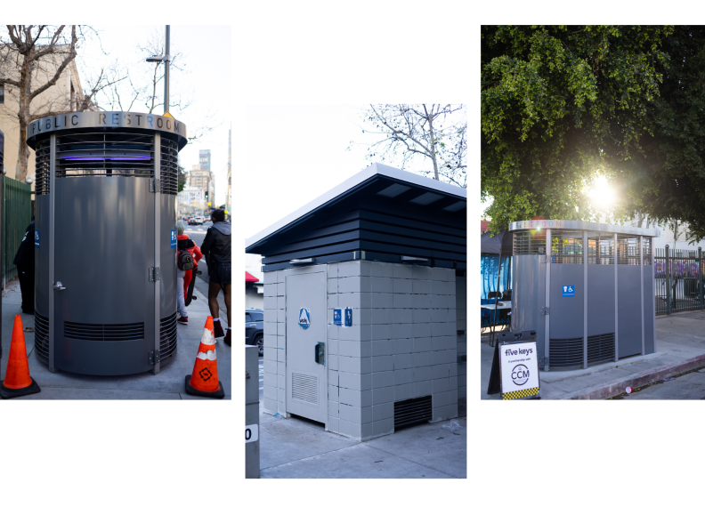 A triptych of the public bathrooms. The left photo is the front of the gray metal stall's entryway with orange cones in front. The middle is the gray and white stall at an angle. The right is another view of the gray metal stall from the side as the sun shines through.