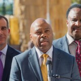 Metro CEO Phillip Washington flanked by Los Angeles Mayor Eric Garcetti and Inglewood Mayor James T. Butts