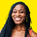 A portrait of Aaricka Washington against a yellow background.
