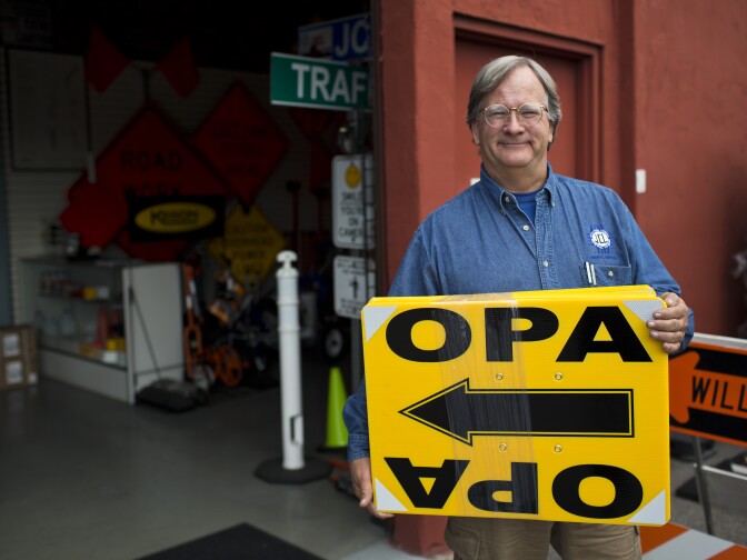 Jim Morris is the general manager for JCL Traffic, a sign maker in Los Angeles that makes yellow directional signs for film sets.
