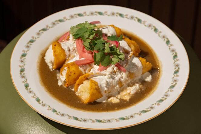 A close-up of golden fried taquitos topped with white crema, crumbled cheese, pink pickled onions, and cilantro, served in a shallow pool of brown salsa on a floral-rimmed plate.