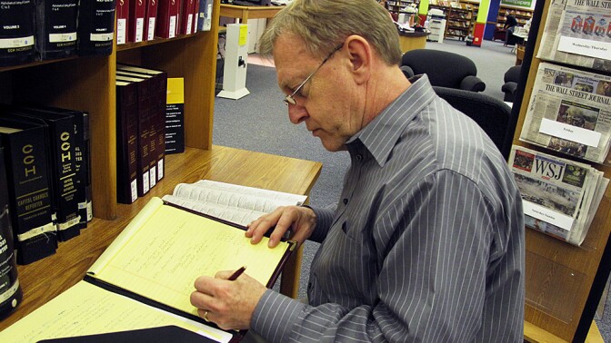 Ray Meyer researches potential employers at the library near his home in  Kirkwood, Mo. He says the uncertainty of temp work is gnawing away at him.