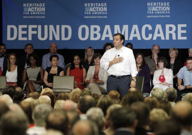 Sen. Ted Cruz (R-TX) speaks during a town hall meeting hosted by Heritage Action For America at the Hilton Anatole on August 20, 2013 in Dallas, Texas. Cruz is staging events across Texas sharing his plan to defund U.S. President Barack Obama's Affordable Care Act. 