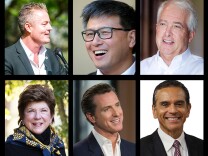 (Left to right, top to bottom) 2018 gubernatorial candidates Travis Allen, John Chiang, John Cox, Delaine Eastin, Gavin Newsom, Antonio Villaraigosa.