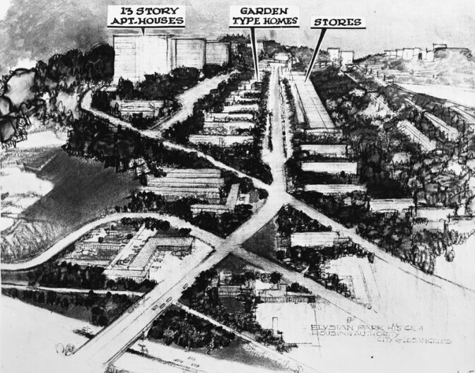 Circa 1952: "Artist's sketch of Chavez Ravine, one of the three proposed projects in Elysian Park that the mayor is expected to ask to be abandoned." Courtesy of the Los Angeles Public Library