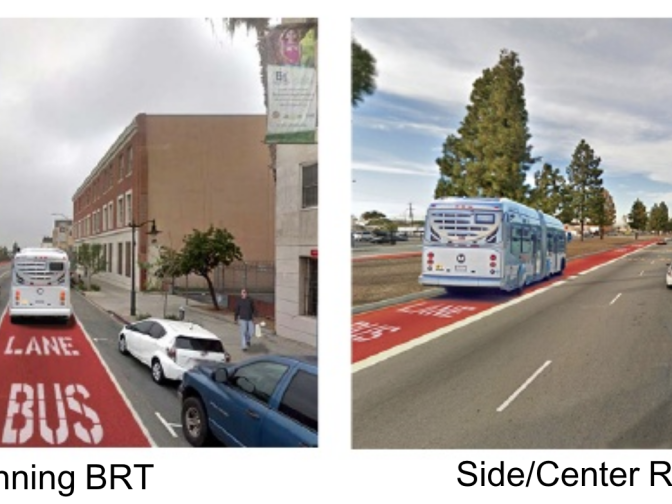 An LA Metro presentation shows the two concepts for bus rapid transit on Vermont Avenue.