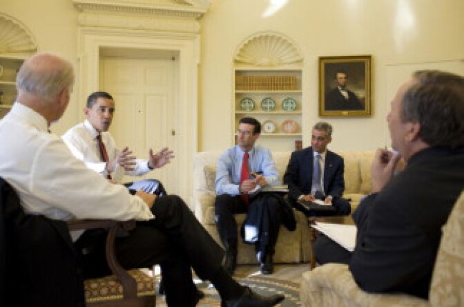 U.S. President Barack Obama (2nd-L) is joined by Vice President Joe Biden (L), Director of the Office of Management and Budget Peter Orszag (3rd-L), White House Chief of Staff Rahm Emanuel (2nd-R) and National Economic Director Lawrence Summers (R-foreground) during a meeting on the economy in the Oval Office of the White House on January 22, 2009 in Washington, DC.