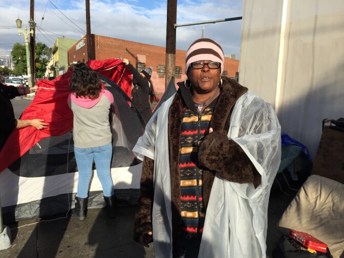 Yvette "Big Mama" Grant said she'd rather weather El Niño outdoors in her tent than go to a shelter.