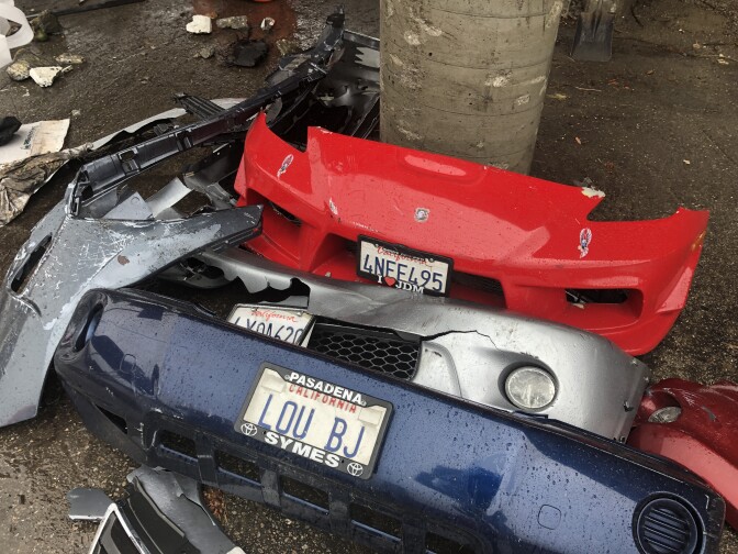 Piles of bumpers at the Caltrans Altadena maintenance yard collected during the rainstorms in early January 2019. 